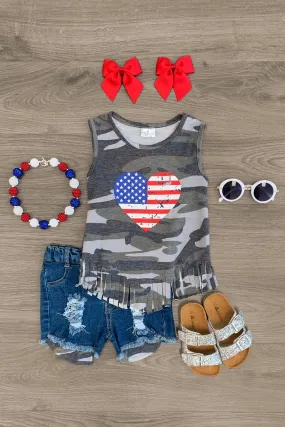 American Flag Heart Camo Denim Short Set