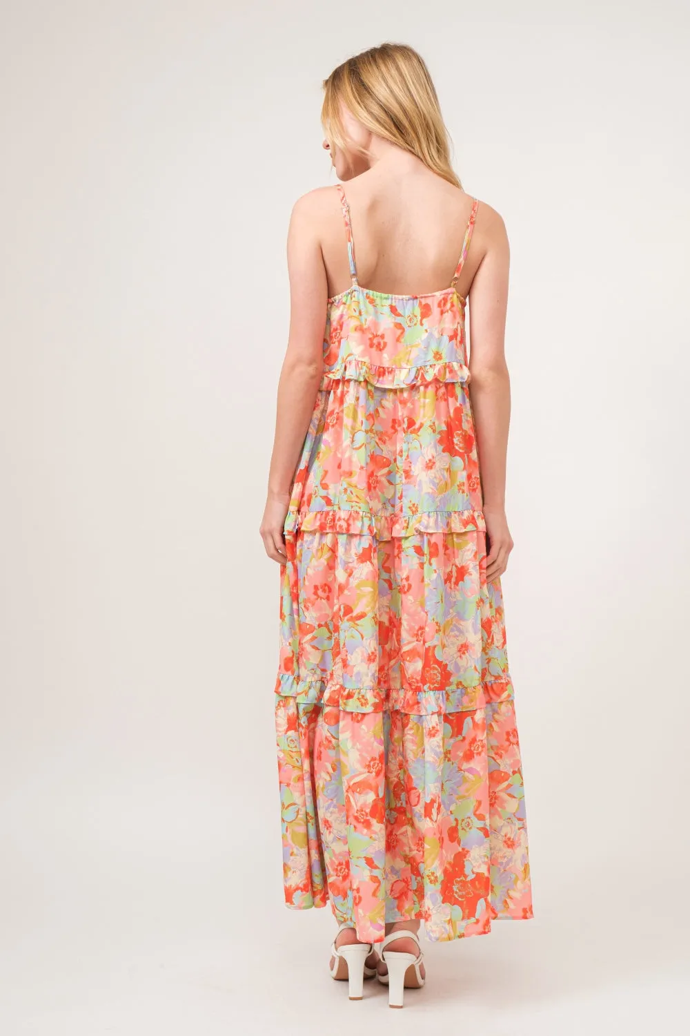 And The Why Floral Ruffled Tiered Maxi Adjustable Strap Cami Dress