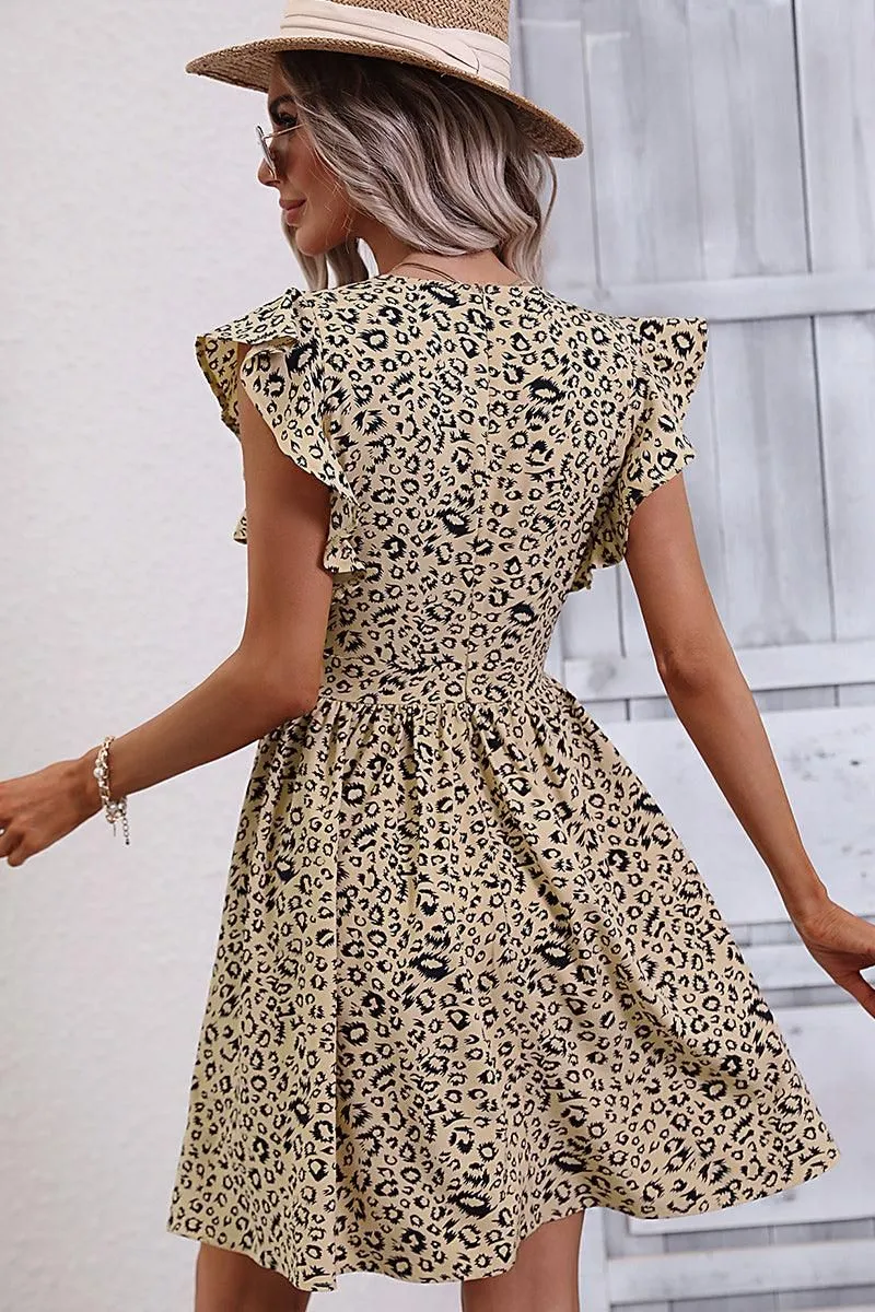 ANGLE WINGS DEEP V NECK LEOPARD SHORT DRESS