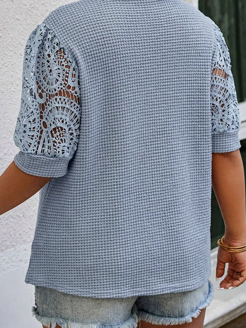 Ashleigh Blue Plus Size Textured Knit Lace Sleeve T-Shirt for Elegant Summer Style