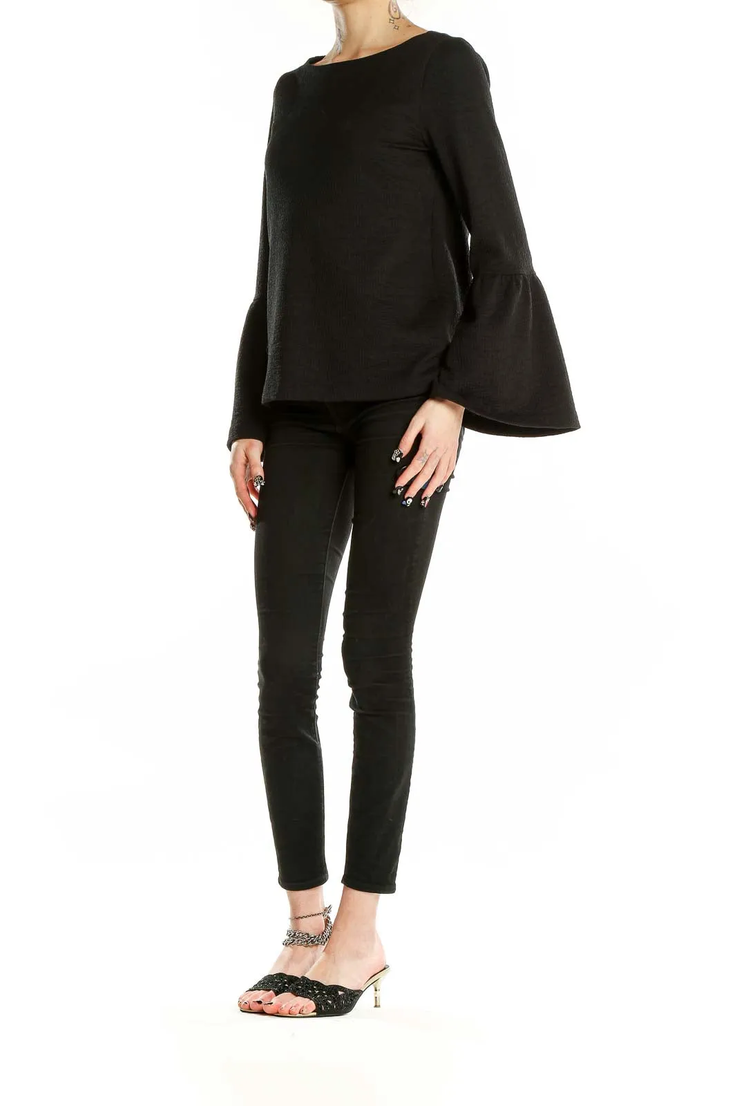 Black Bell Sleeve Textured Top