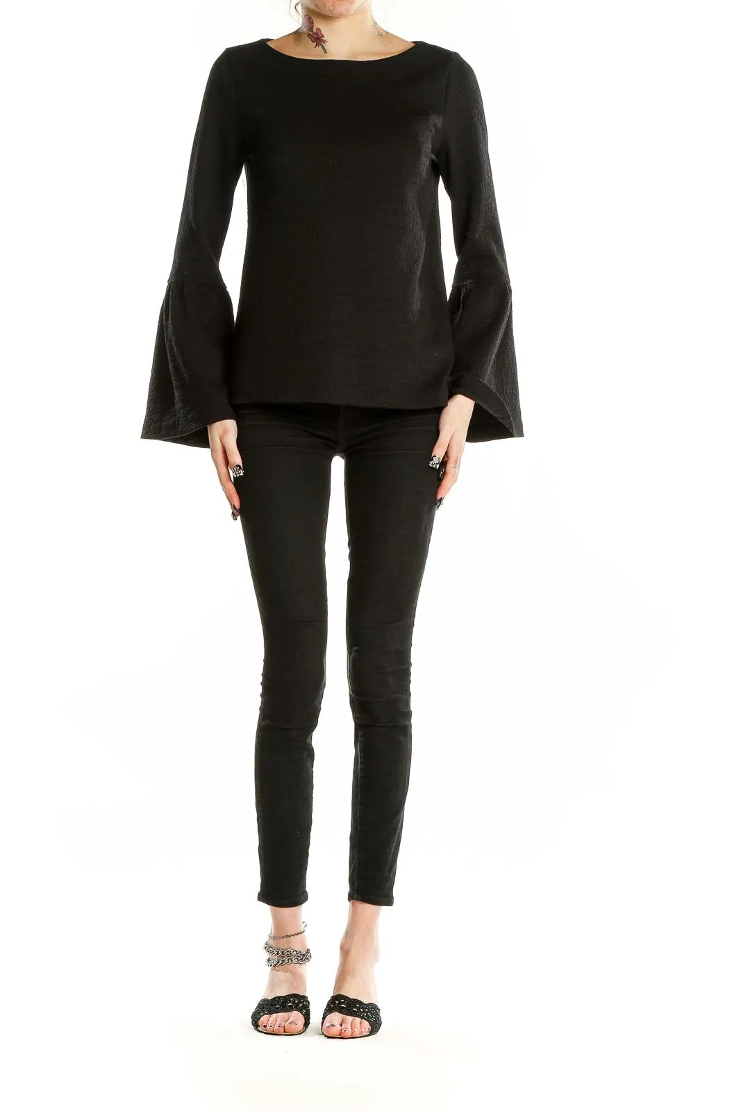 Black Bell Sleeve Textured Top