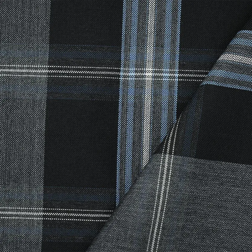 Black-Blue-Multi Wool-Polyester Plaid Woven Shirting Fabric