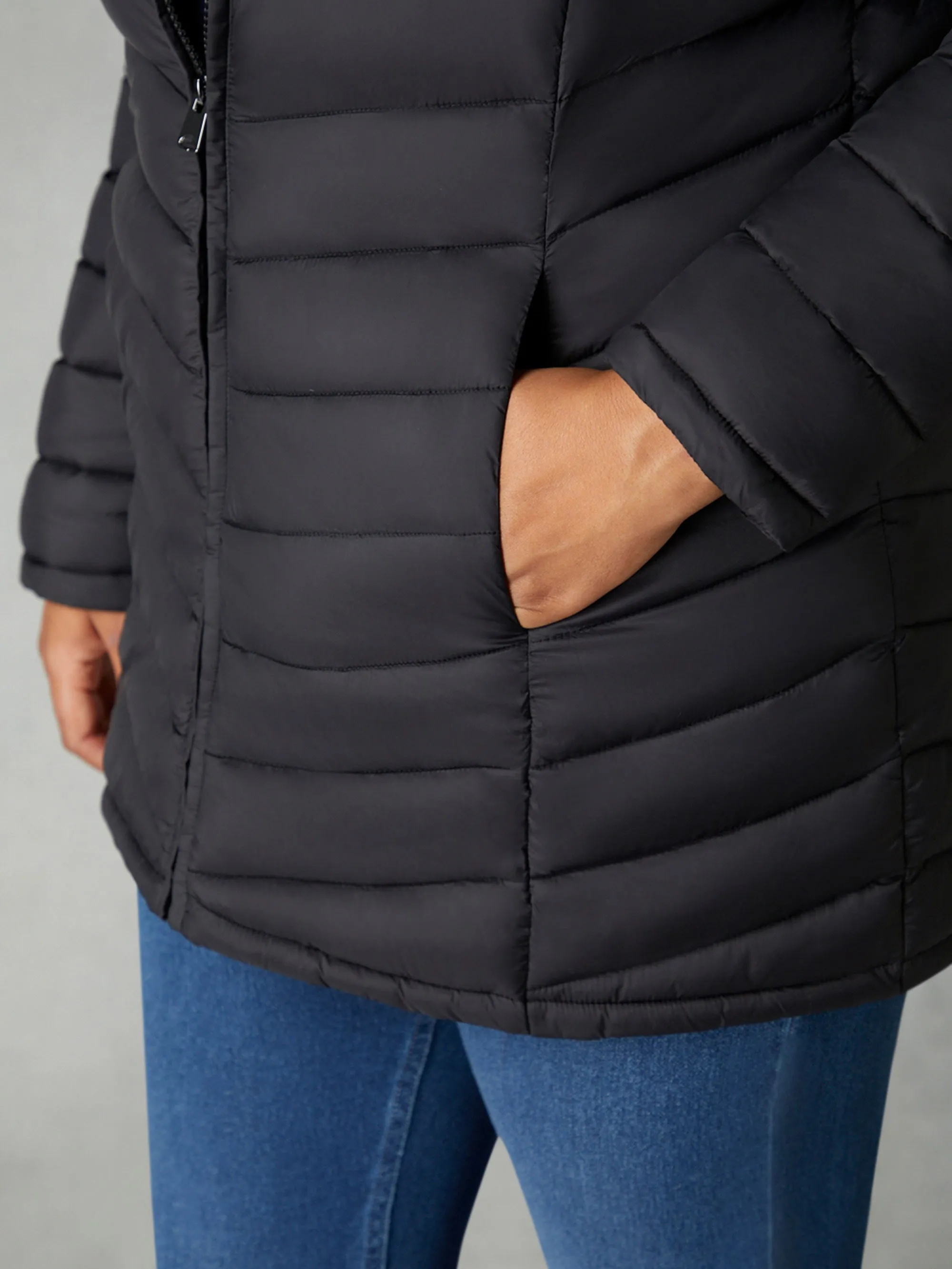 Black Chevron Packable Puffer Coat