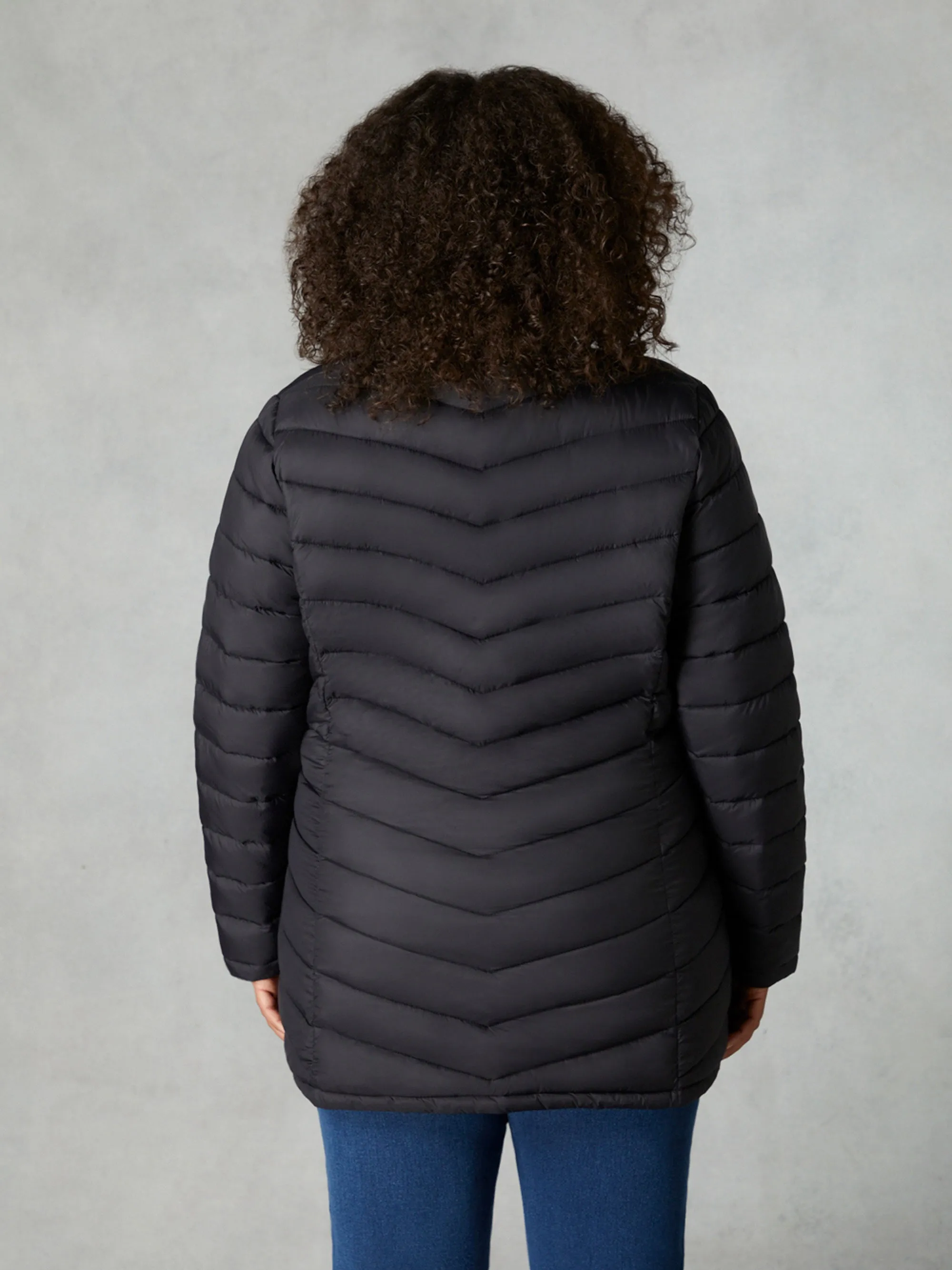 Black Chevron Packable Puffer Coat