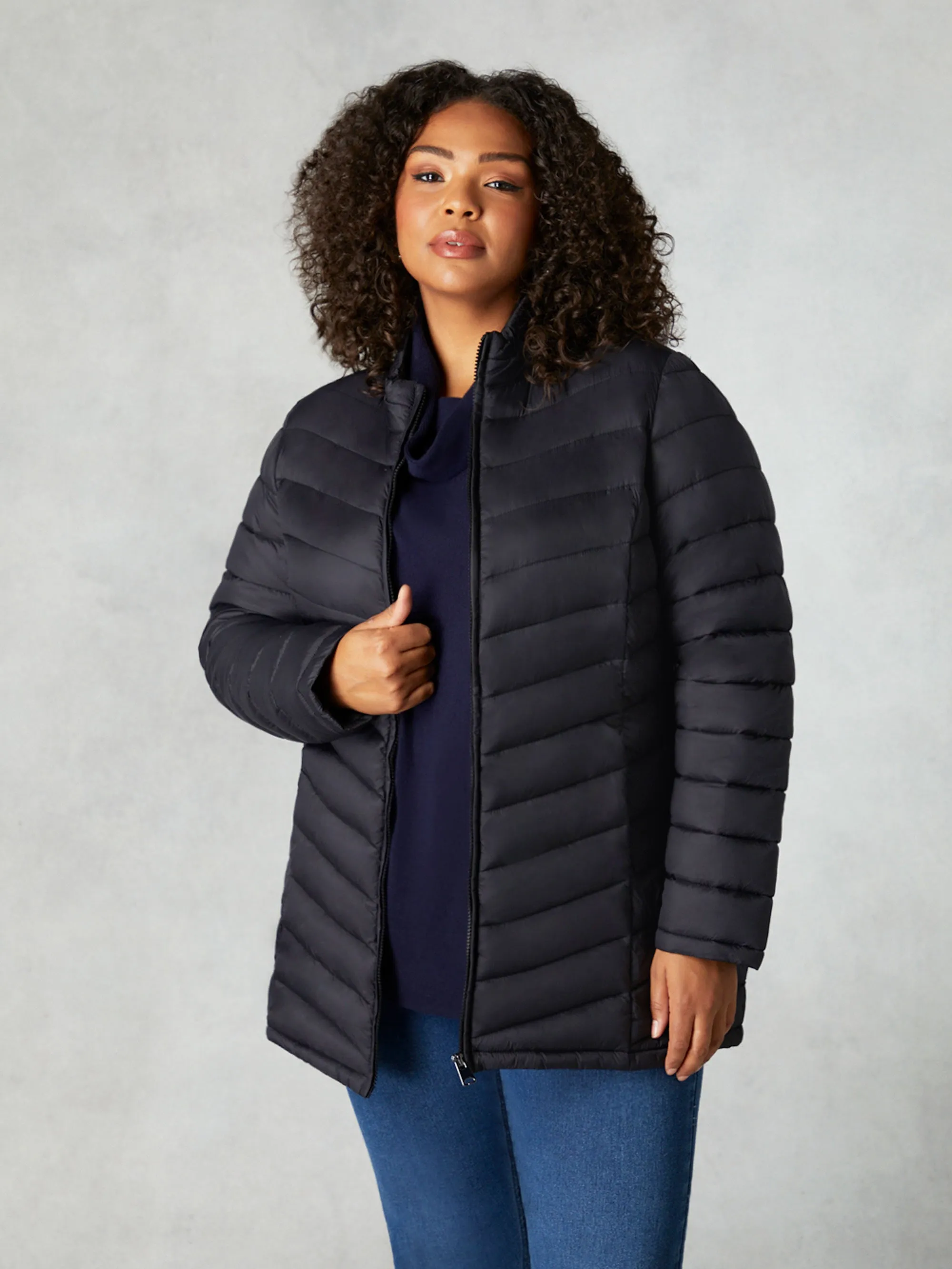 Black Chevron Packable Puffer Coat