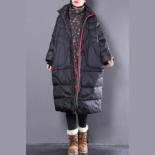 Black down coat casual stand collar down coat Elegant pockets zippered overcoat