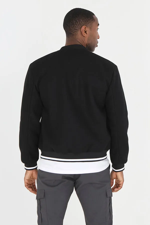 BLACK FAUX WOOL ZIP THROUGH BOMBER STYLE JACKET