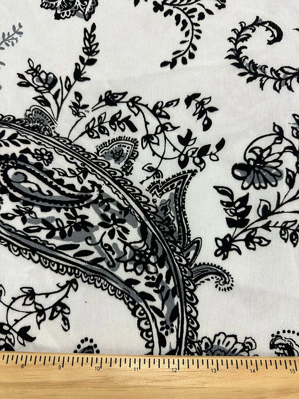 Black Paisley Floral Print Crinkled Poly Crepe Fabric