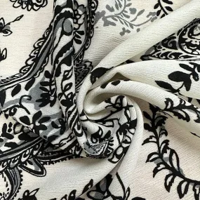 Black Paisley Floral Print Crinkled Poly Crepe Fabric