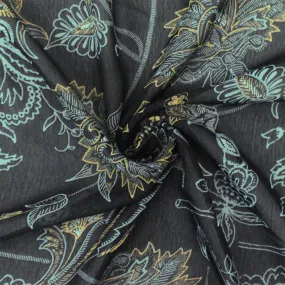 Black-Yellow-Blue Floral Printed Poly Chiffon Woven Fabric