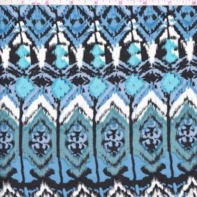 Black/Cadet/Turquoise Ikat Diamond Rayon Challis Fabric