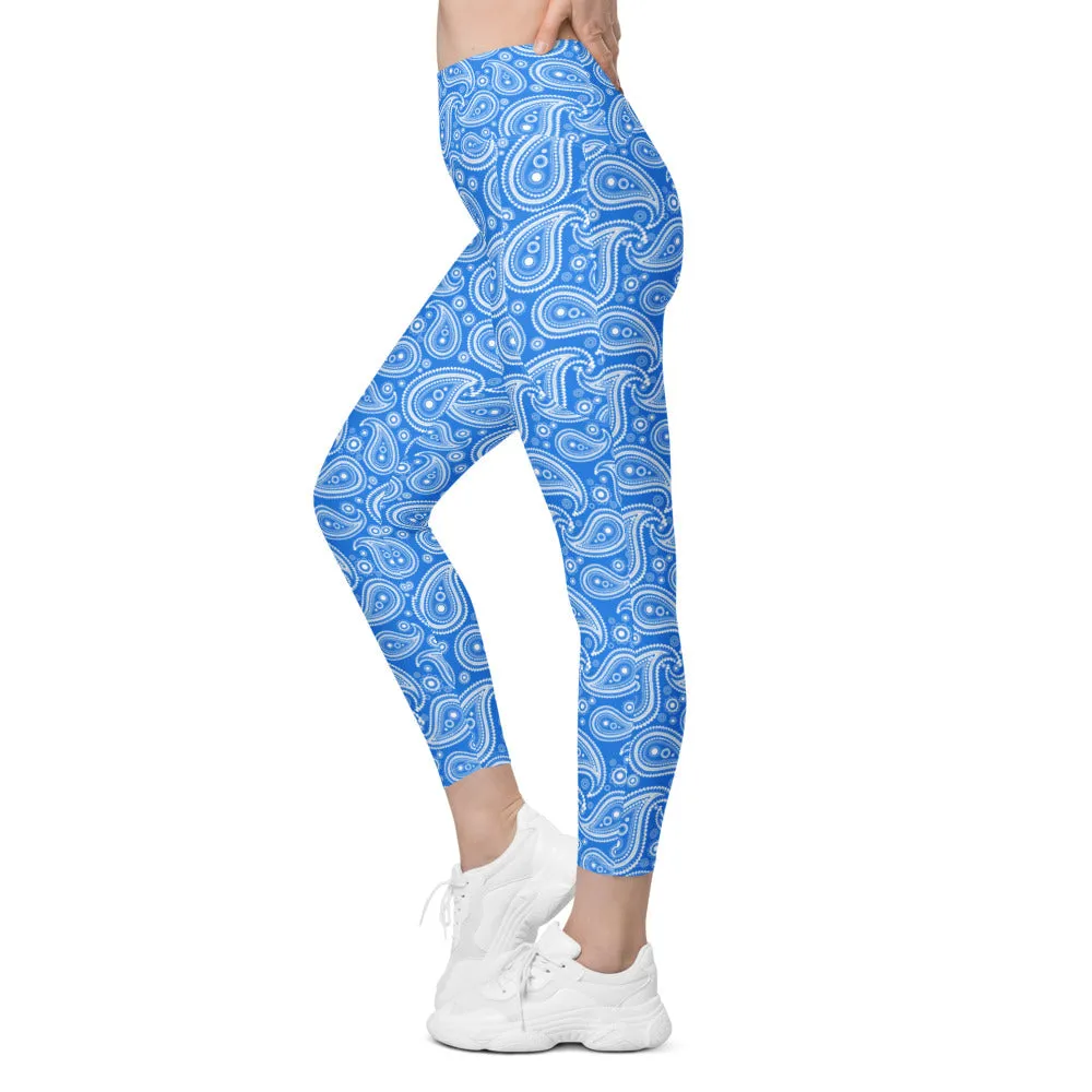 Blue & White Paisley Leggings with Pockets