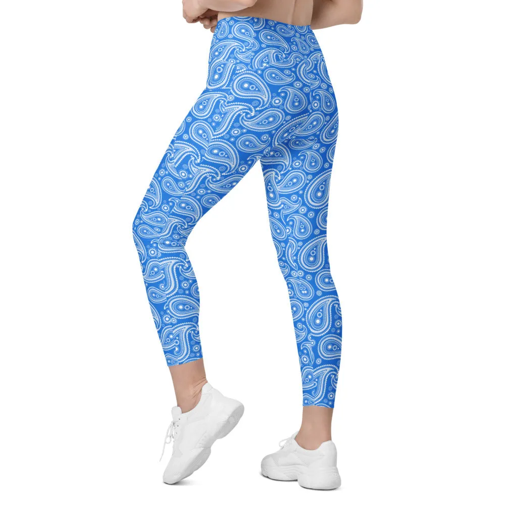 Blue & White Paisley Leggings with Pockets