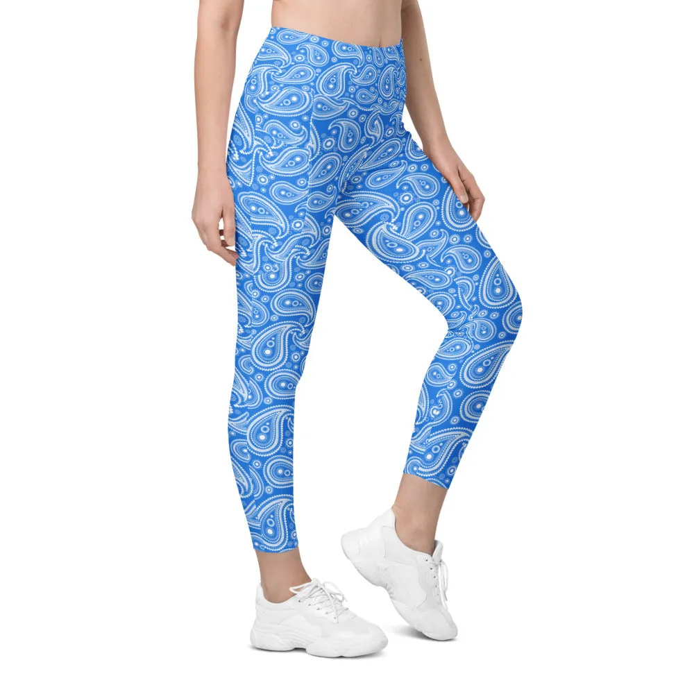 Blue & White Paisley Leggings with Pockets