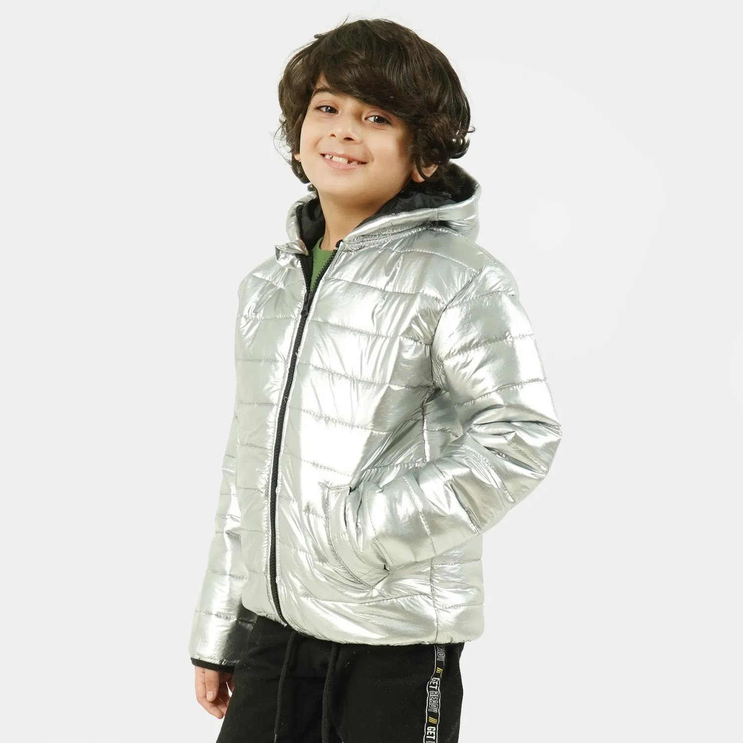 Boys Jacket Quilted Hooded - SILVER