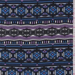 Bright Blue/Lilac/Black Southwest Stripe Rayon Challis Fabric