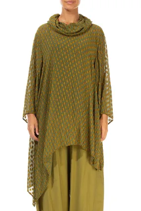 Bubbly Pattern Asymmetric Olive Silk Tunic