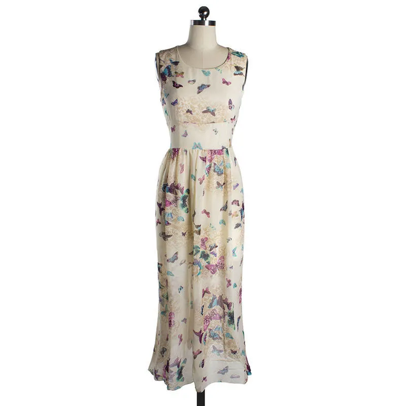 Butterfly Floral Print Sleeveless Long Chiffon Dress