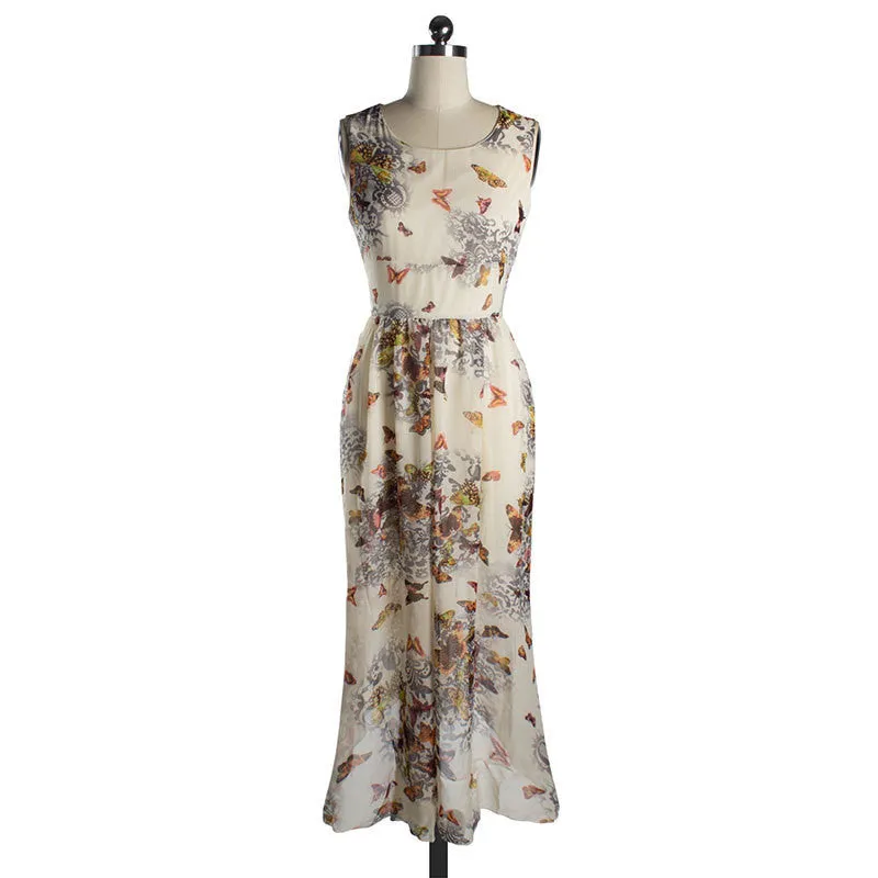 Butterfly Floral Print Sleeveless Long Chiffon Dress