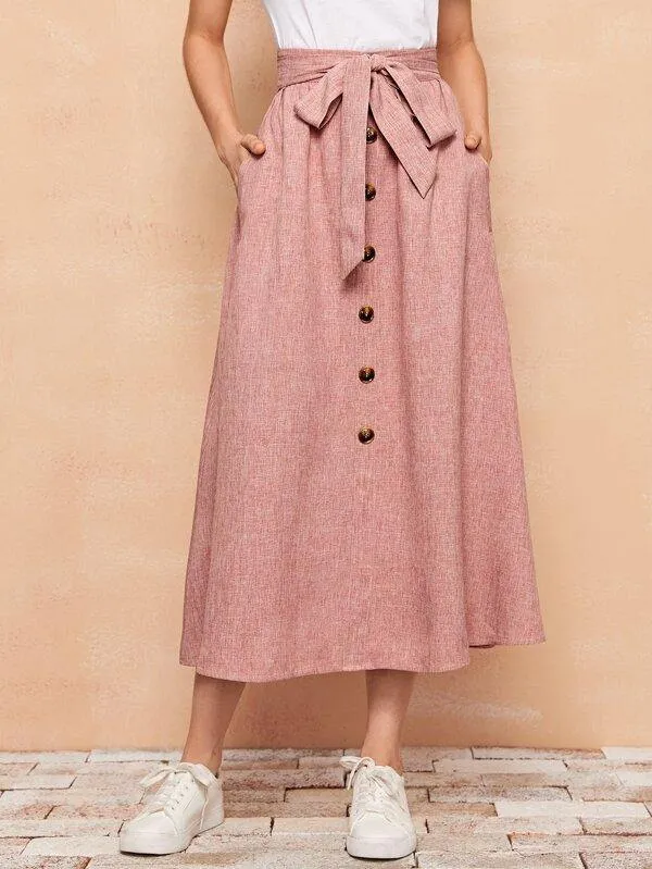 Button Front Slant Pocket Linen Look Skirt