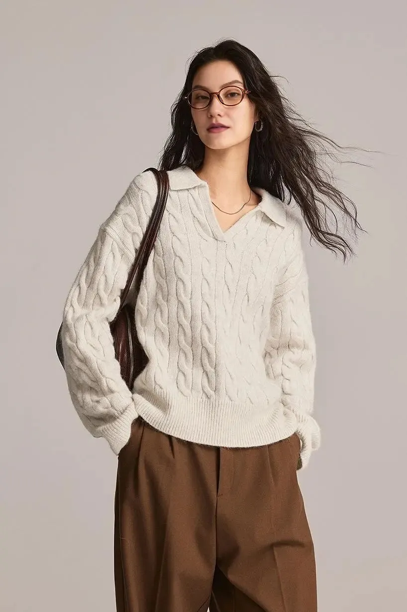 Cable-Knit Wool Blend Polo Collar Sweater