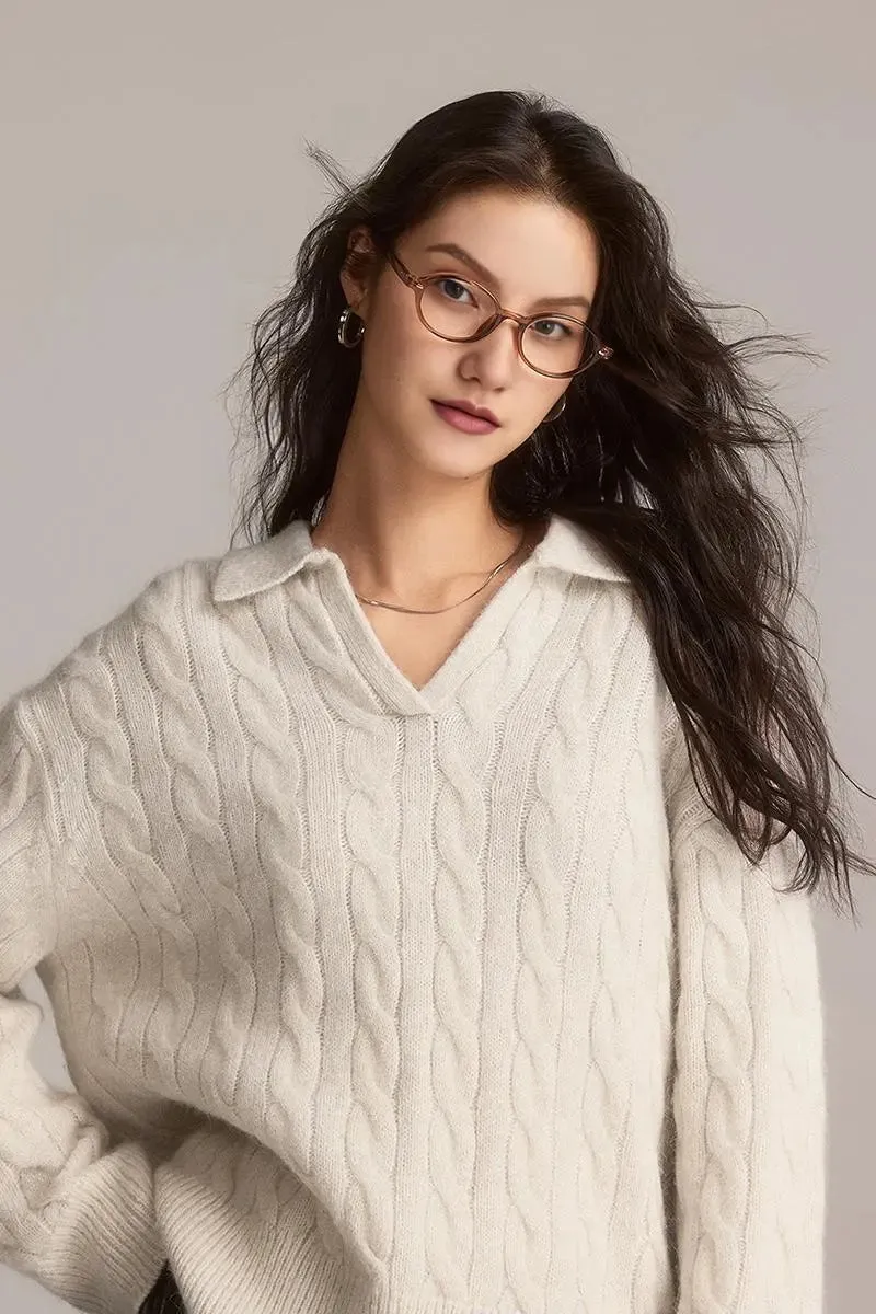 Cable-Knit Wool Blend Polo Collar Sweater