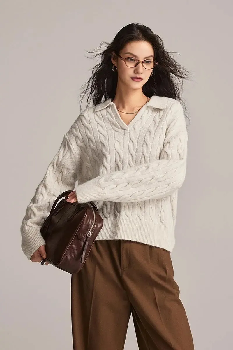 Cable-Knit Wool Blend Polo Collar Sweater