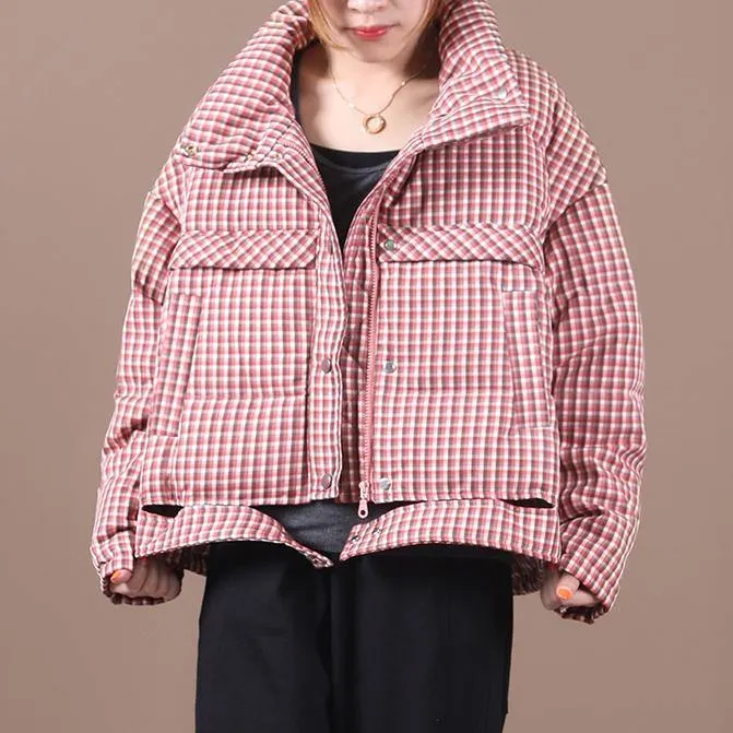 Casual plus size snow jackets red plaid stand collar down jacket woman