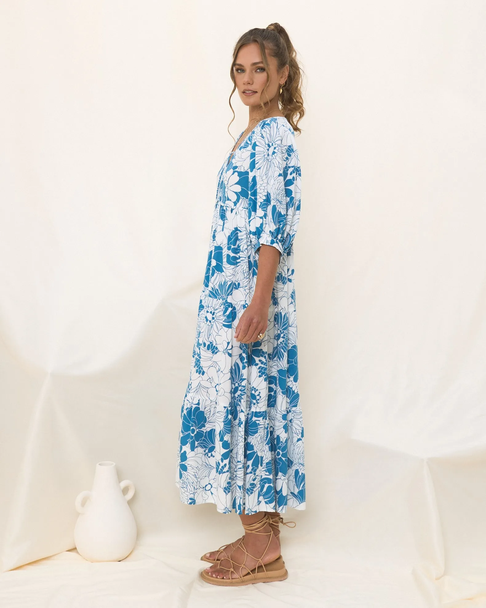 Cerulean Blue Floral Midi Dress