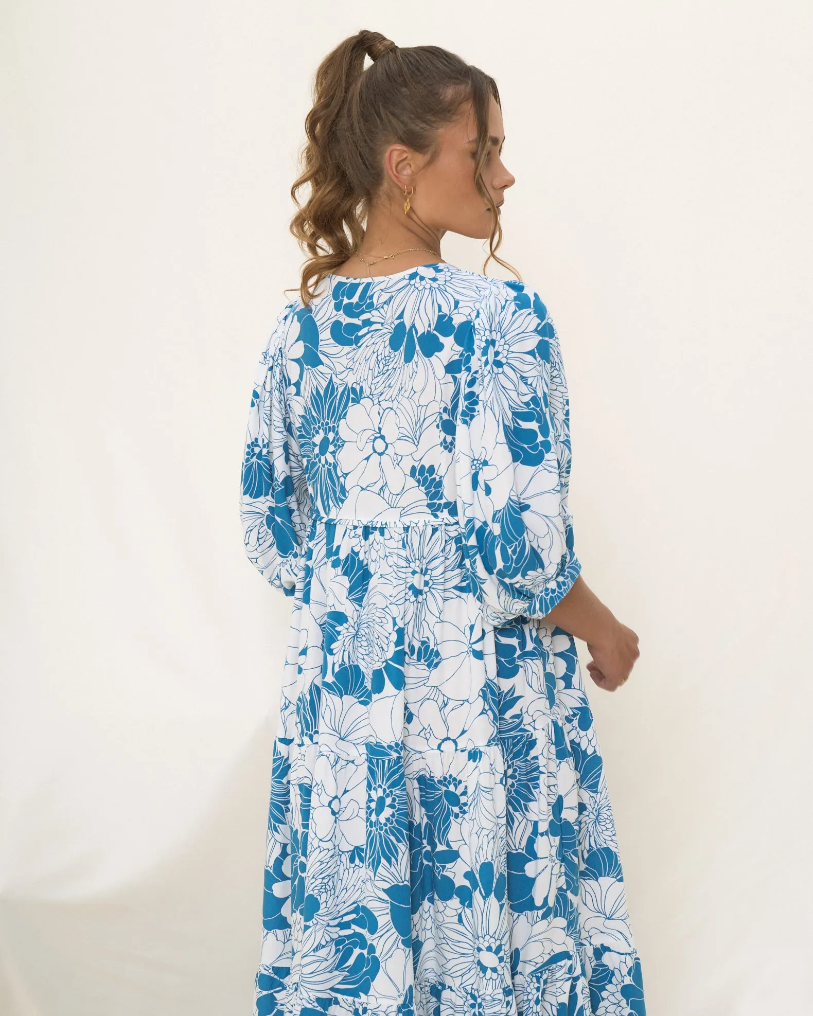 Cerulean Blue Floral Midi Dress