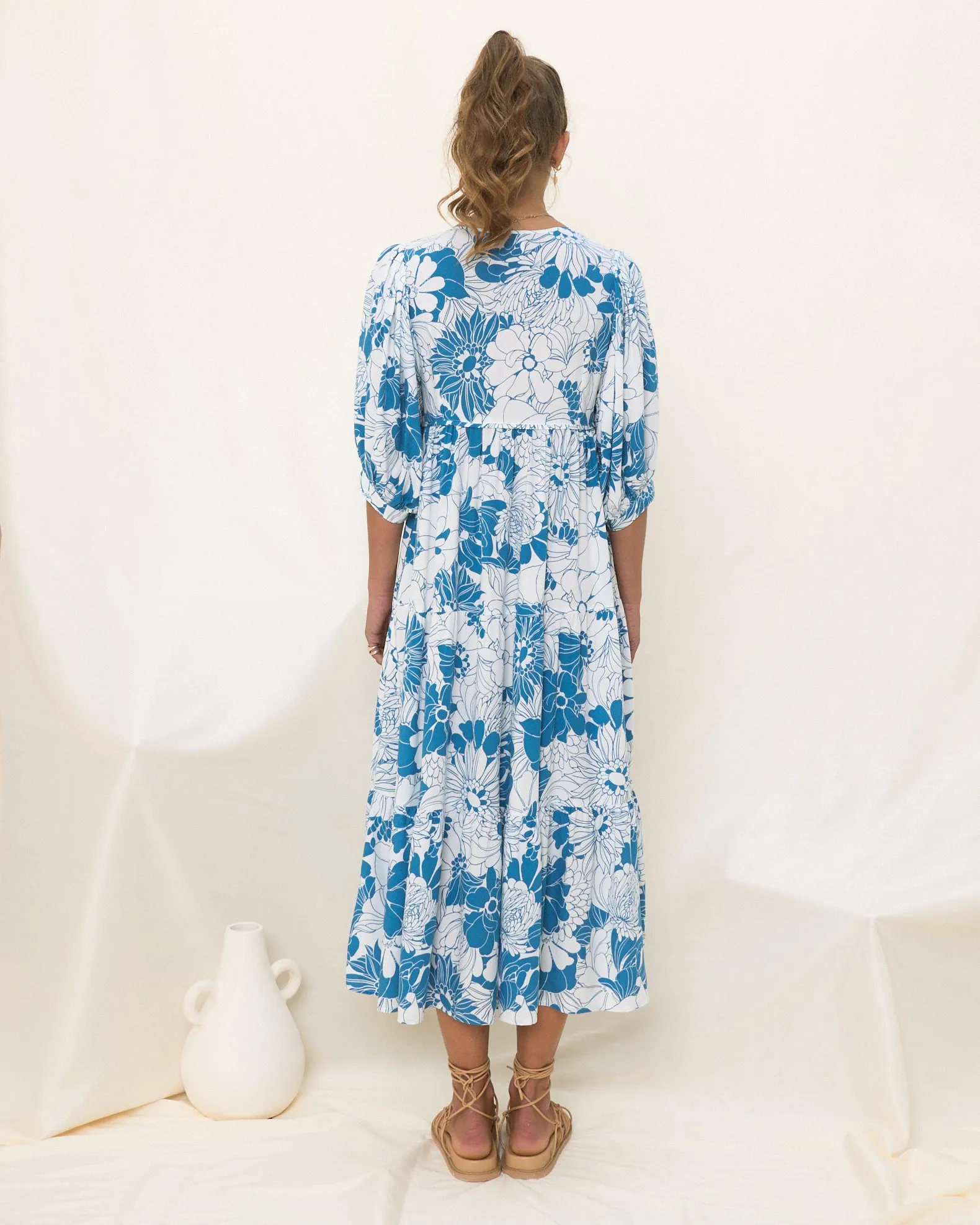 Cerulean Blue Floral Midi Dress