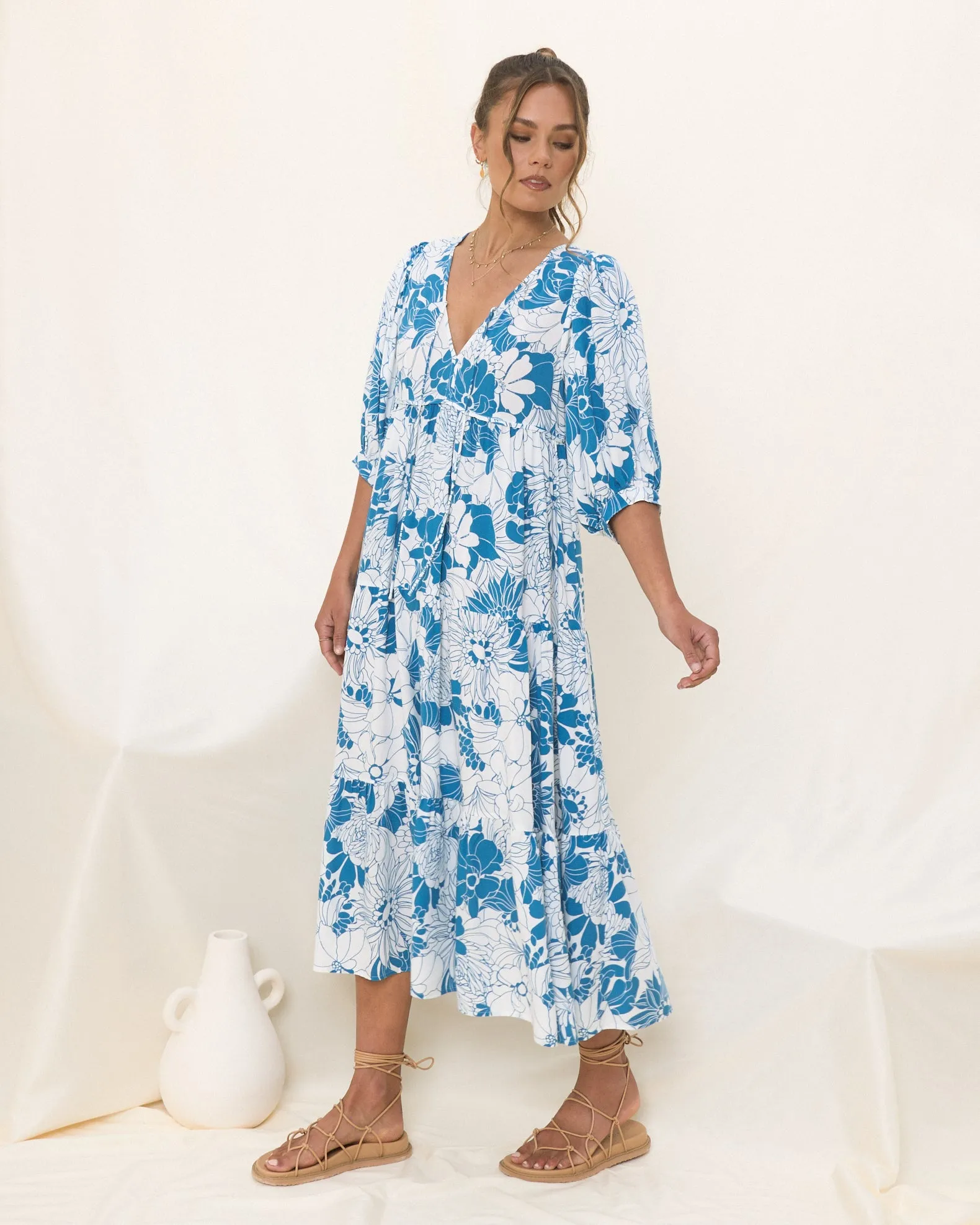 Cerulean Blue Floral Midi Dress