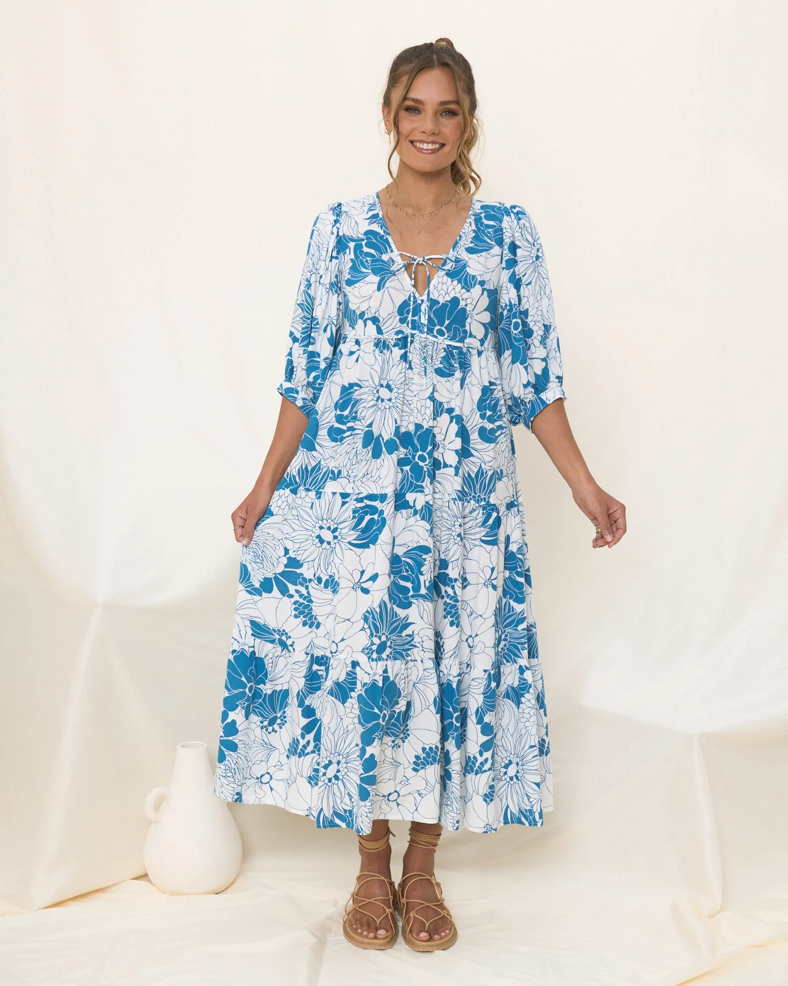 Cerulean Blue Floral Midi Dress