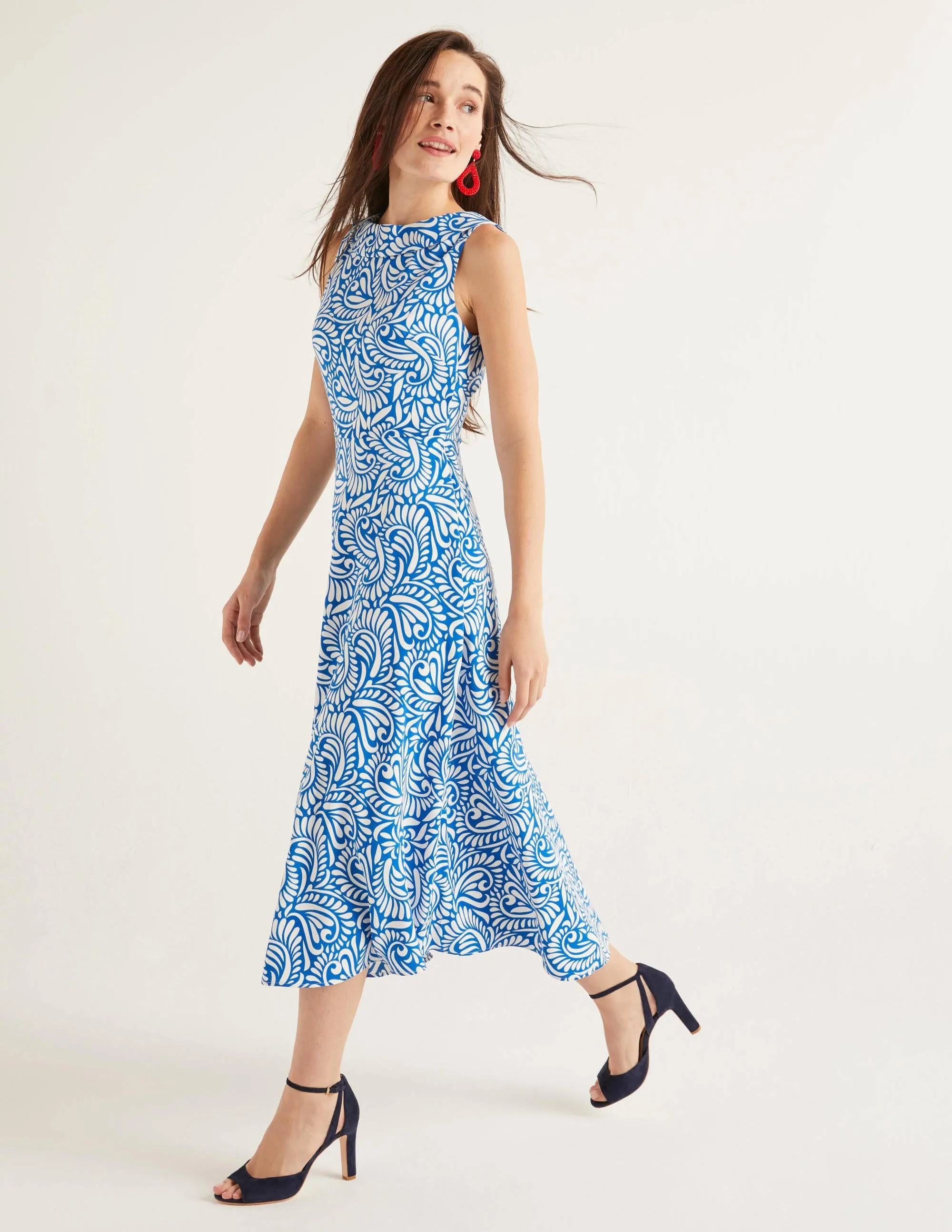 Clarissa Midi Dress-Bold Blue, Fern Swirl