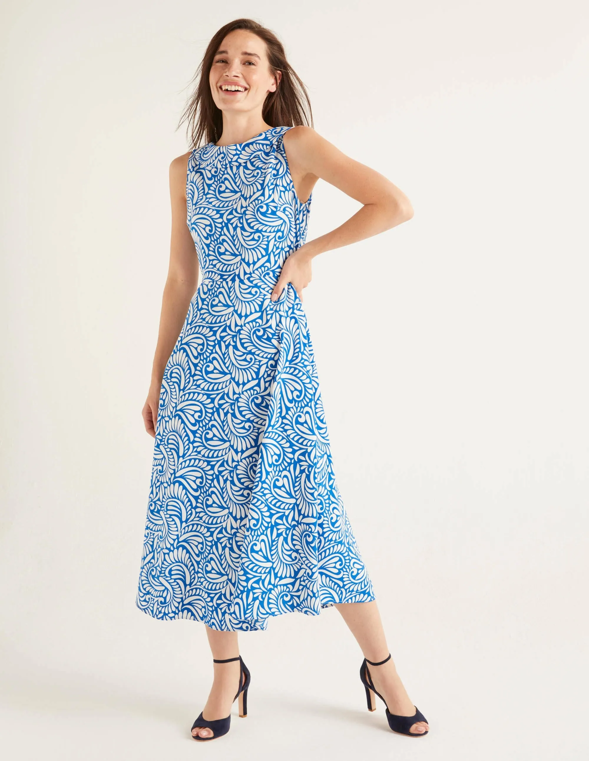 Clarissa Midi Dress-Bold Blue, Fern Swirl