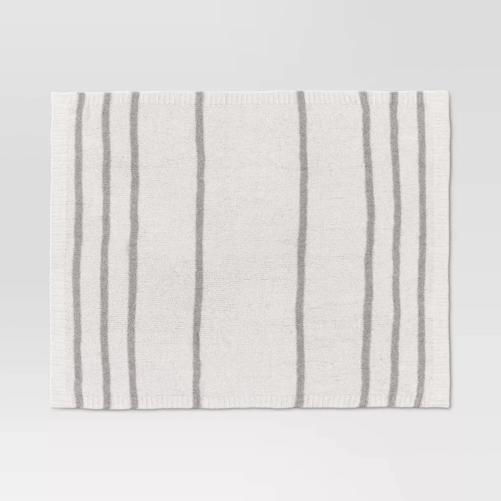 Cozy Feathery Knit Border Striped Throw Blanket