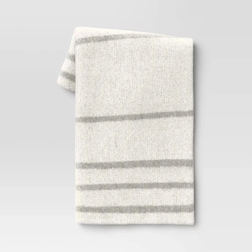 Cozy Feathery Knit Border Striped Throw Blanket