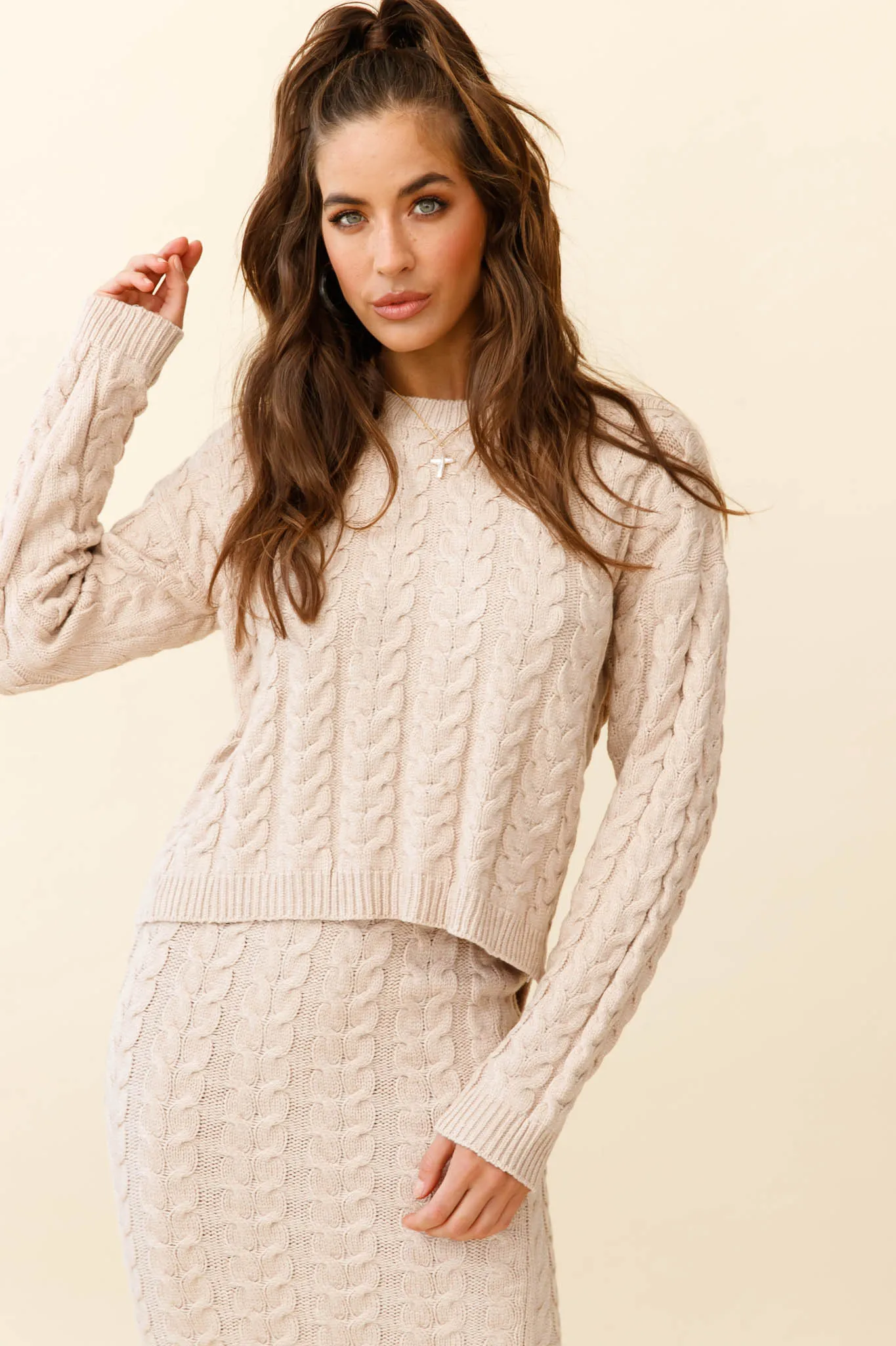 Cozy Up Cable Knit Sweater Beige