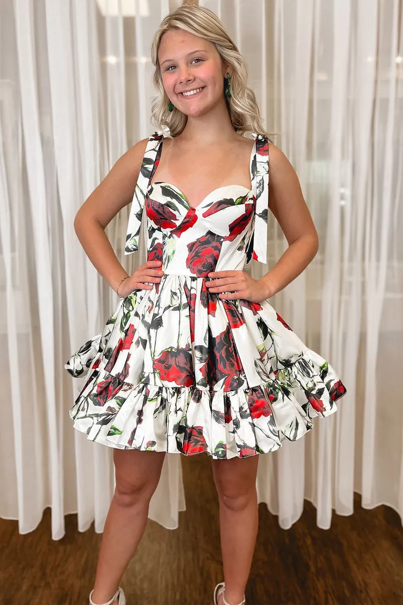 Cute A-Line Sweetheart Floral Printed Satin Short Homecoming Dresses with Bow