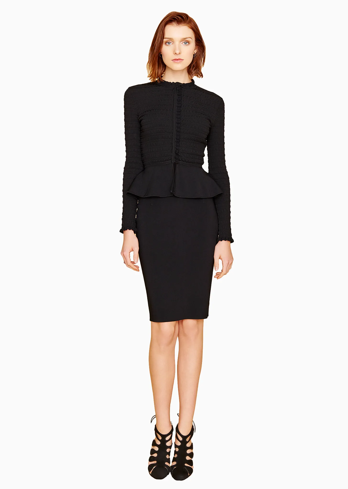 Evelyn - Long Sleeve, Ruched, Black Peplum Blazer Jacket