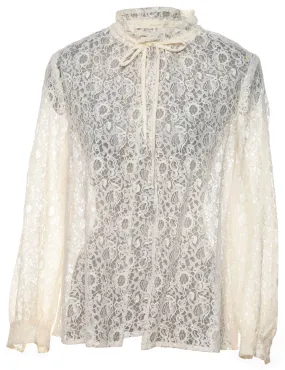 Floral Pattern Off-White Frilled Detail Lace Blouse - M