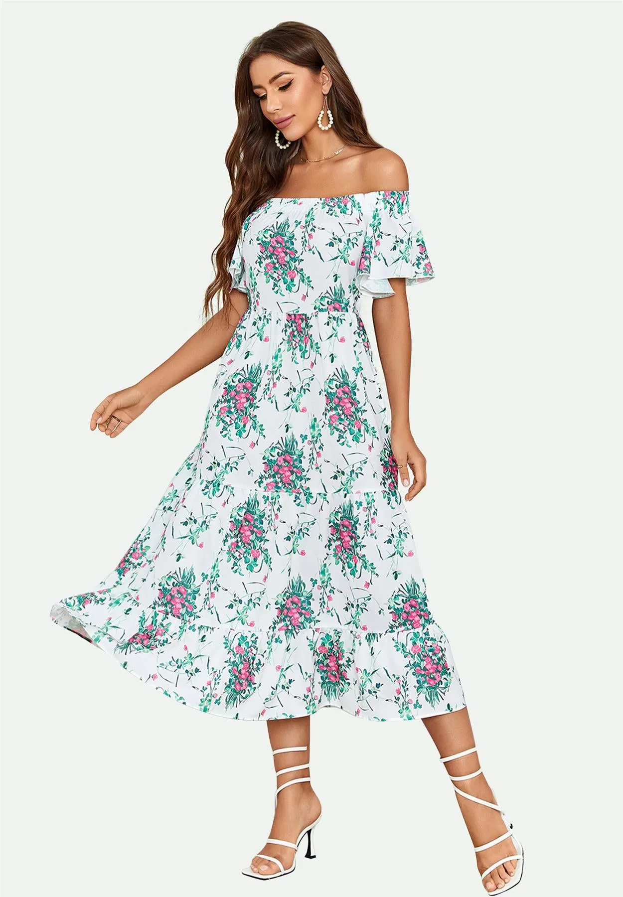 Floral Print Relaxed Bardot Midi Dress In White