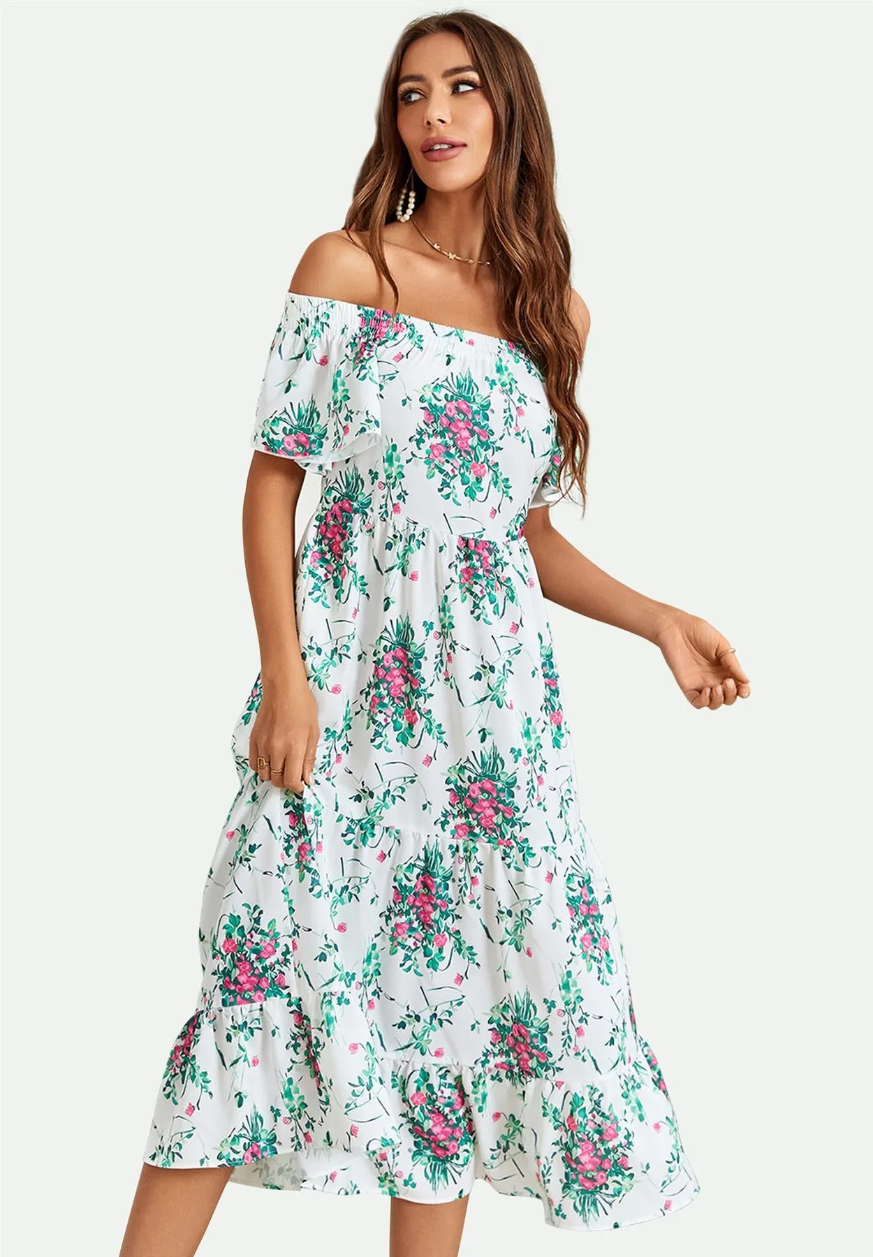 Floral Print Relaxed Bardot Midi Dress In White