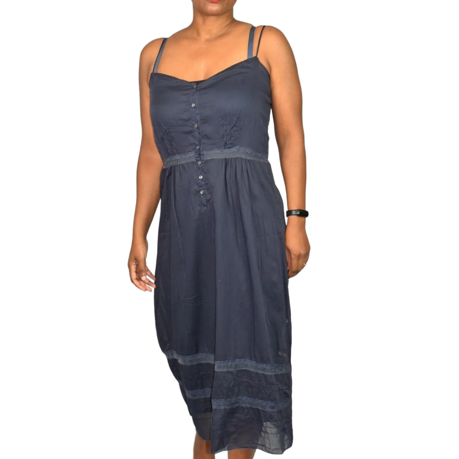 Forte Forte Midi Dress Blue Navy Cotton Voile Sheer Spaghetti Strap Lace Pinafore Size Medium