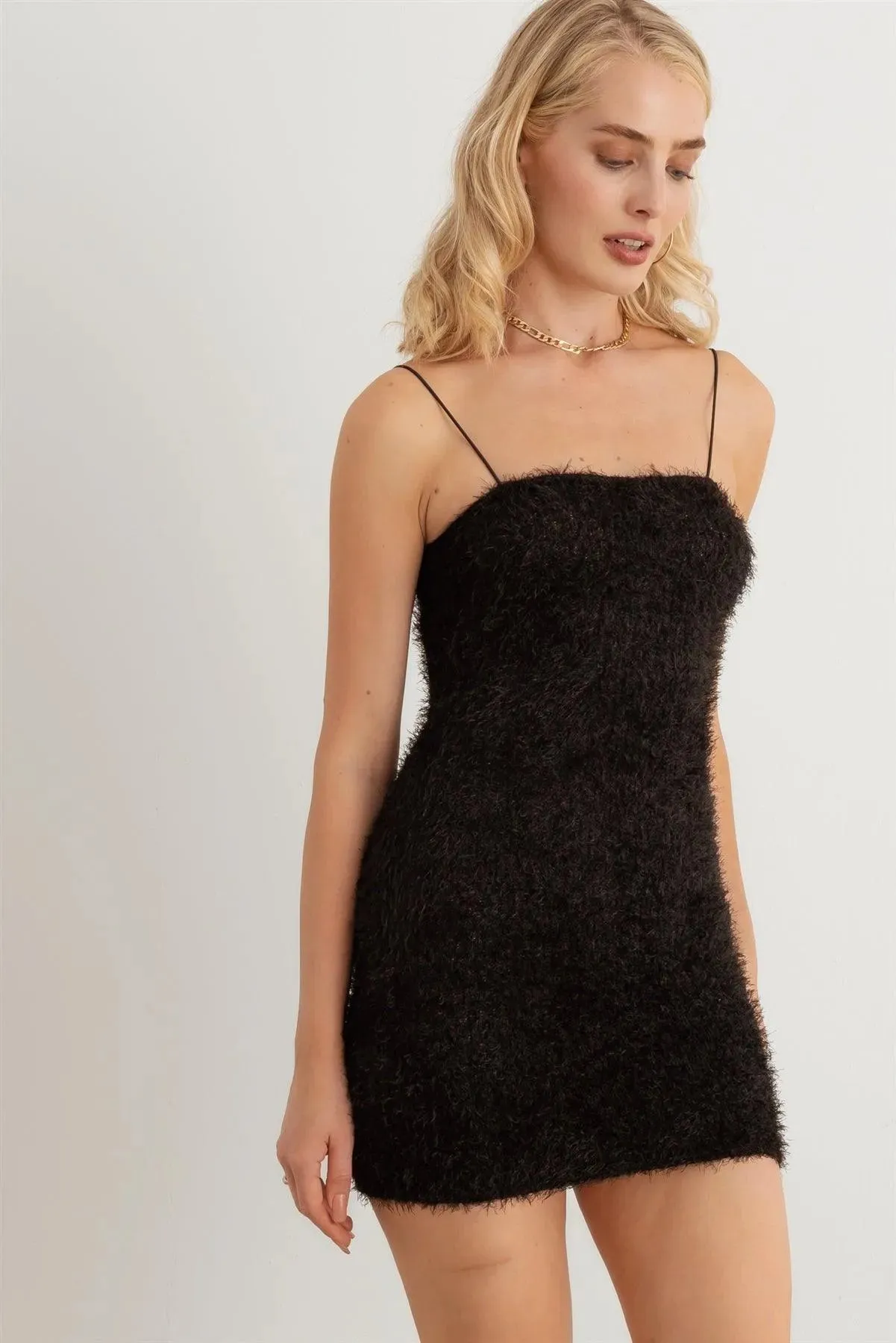 Fuzzy Knit Strapy Off The Shoulder Mini Dress