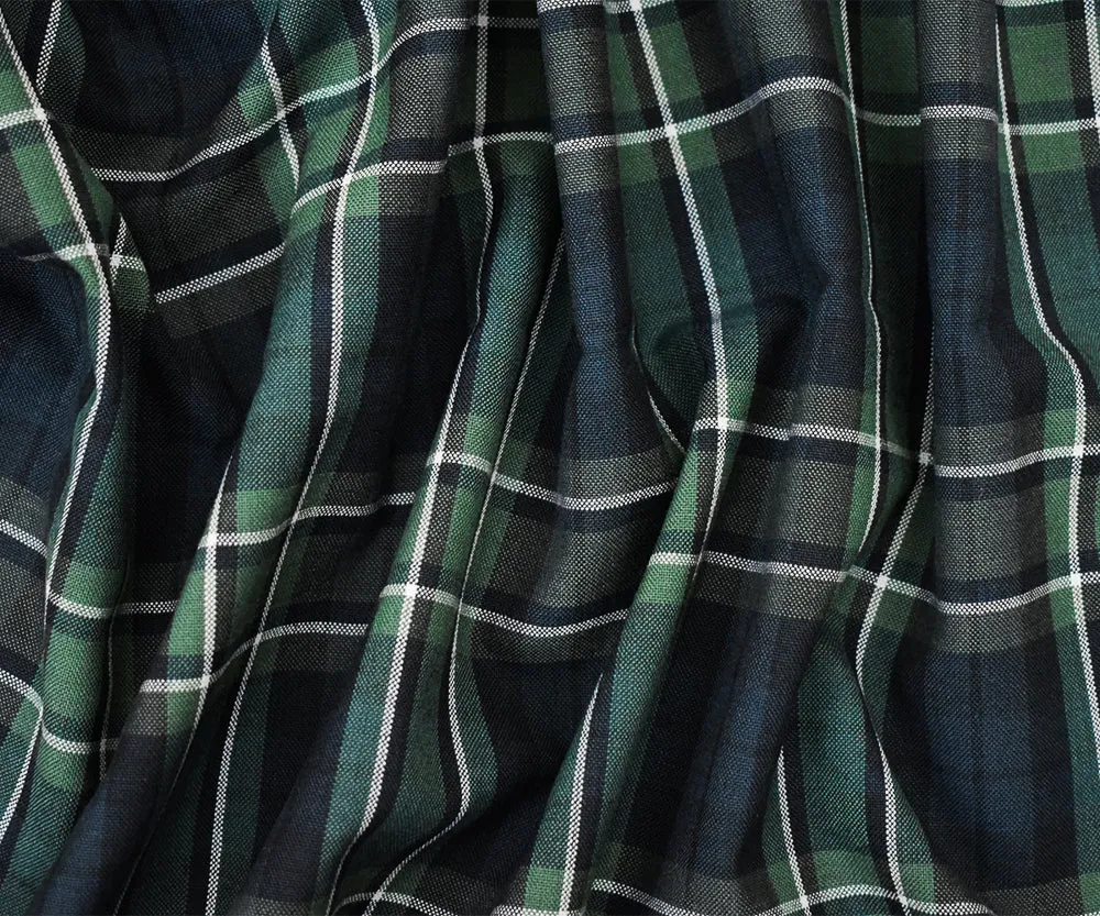 Green-White-Multi Poly Wool Plaid Shirting Woven Fabric