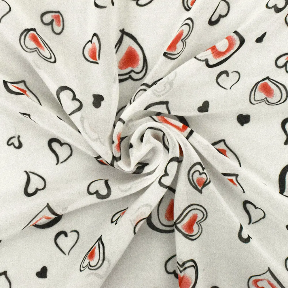 Ivory-Black-Red Heart Printed Poly Chiffon Woven Fabric