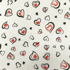 Ivory-Black-Red Heart Printed Poly Chiffon Woven Fabric