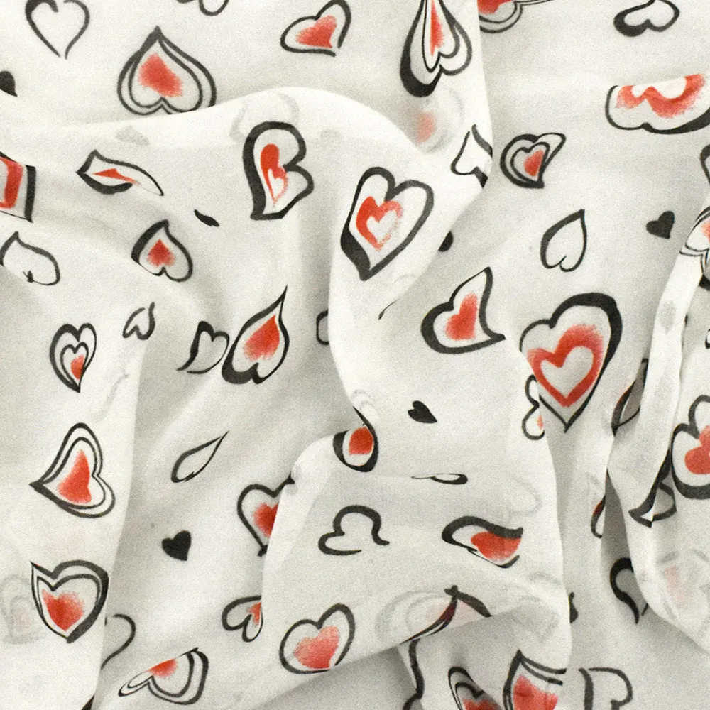 Ivory-Black-Red Heart Printed Poly Chiffon Woven Fabric